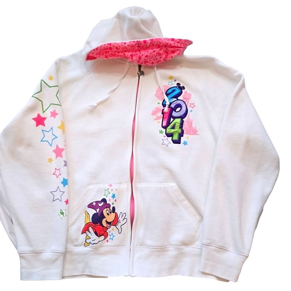 Disney Parks 2014 Mickey & Friends Hoodie XL White Pink Zip Up Sorcerer